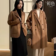 【初色】通勤風簡約純色寬鬆正肩雙排扣長袖西裝領毛呢大衣外套女外套-共3色-38806(M-XL可選) L 駝色