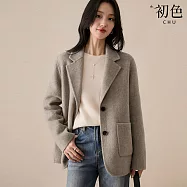 【初色】通勤風簡約純色寬鬆正肩雙排扣長袖西裝領毛呢大衣外套女外套-共3色-38806(M-XL可選) L 灰色