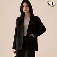 【初色】通勤風簡約純色寬鬆正肩雙排扣長袖西裝領毛呢大衣外套女外套-共3色-38806(M-XL可選) M 黑色