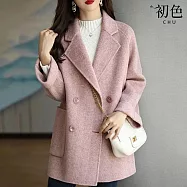 【初色】韓版人字紋毛呢中長款寬鬆西裝領雙排釦長袖大衣外套女外套-共3色-38763(M-4XL可選) M 粉色