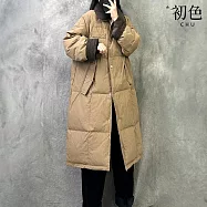 【初色】簡約純色大碼中長款長袖寬鬆直筒保暖科技羽絨棉服外套女外套-共3色-38800(M-XL可選) L 淺卡其色