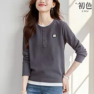 【初色】撞色笑臉刺繡拼接鈕扣圓領長袖打底假兩件T恤上衣女上衣-灰色-38750(M-2XL可選) 2XL 灰色