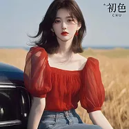【初色】法式方領雪紡泡泡袖短袖襯衫T恤雪紡衫上衣女上衣-紅色-37320(M-2XL可選) L 紅色