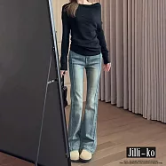 【Jilli~ko】牛仔微喇長褲女修身直筒拼接高腰馬蹄喇叭褲 M-XXL J11995 XL 藍色