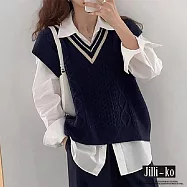 【Jilli~ko】學院風撞色V領疊穿坎肩背心女麻花針織馬甲 J12014 FREE 深藍
