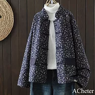 【ACheter】 碎花中式夾棉立領盤扣長袖棉服加厚文藝寬鬆中長外套# 123654 L 藏青色