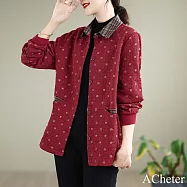 【ACheter】 氣質外套襯衫短款小個子長袖翻領撞色格上衣# 123662 2XL 酒紅色