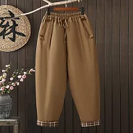 【ACheter】 復古鬆緊腰網線夾棉哈倫褲肌理新疆長絨棉加厚棉褲保暖長褲# 123787 2XL 卡其色