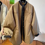 【ACheter】 羅馬設計感長袖圓領輕薄棉服中長款寬鬆大版夾棉外套# 123796 XL 卡其色