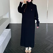 【MsMore】 拉鍊翻領直筒毛衣長袖大碼保暖針織連身裙長版洋裝# 123852 FREE 黑色