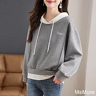 【MsMore】 灰米百搭休閒抽繩拼色假2件長袖連帽通勤短版上衣# 123869 M 灰色