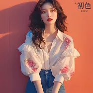 【初色】法式甜美純色印花花朵襯衫領七分袖泡泡袖襯衫上衣女上衣-白色-37533(M-3XL可選) 3XL 白色