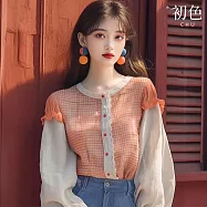 【初色】韓系甜美格紋拼接單排釦圓領七分袖襯衫上衣女上衣-橘白色-37535(M-3XL可選) L 橘白色