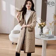 【初色】拚色麻花休閒百搭寬鬆連帽加厚長款針織毛毛衣外套女外套-共3色-38884(F可選) F 米駝色