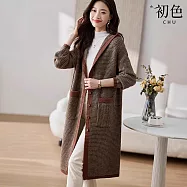 【初色】拚色麻花休閒百搭寬鬆連帽加厚長款針織毛毛衣外套女外套-共3色-38884(F可選) F 深駝色