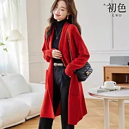 【初色】純色百搭寬鬆休閒中長款連帽針織毛衣外套女外套-共3色-38886(F可選) F 紅色