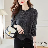 【初色】慵懶風簡約純色流蘇不規則剪裁短款圓領長袖針織上衣女上衣-共4色-38890(F可選) F 黑色