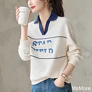 【MsMore】 翻領華夫格獨特燙片印花寬鬆長袖T短版上衣# 123766 2XL 米白色