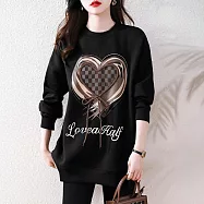 【MsMore】 時尚時髦愛心系帶爆款大碼圓領長袖中長版寬鬆上衣# 123768 M 黑色