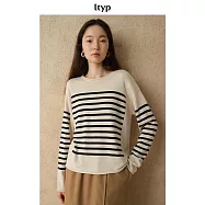 ltyp旅途原品巴素蘭羊毛絲麻棉毛衣秋冬寬鬆撞色條紋針織上衣女 M L M 捲領-杏底黑條