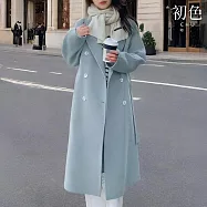 【初色】韓系翻領排釦長袖中長版防風外套毛呢大衣女上衣-7款任選-31083(M-2XL可選) L G.淺藍色