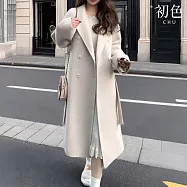 【初色】韓系翻領排釦長袖中長版防風外套毛呢大衣女上衣-7款任選-31083(M-2XL可選) M G.杏色