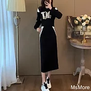 【MsMore】 圓領字母刺繡貼長袖短版休閒時尚運動上衣半身長裙兩件式套裝# 123901 2XL 黑色