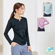 【BODYAIR嚴選】修小V臉側抽褶長袖上衣(瑜珈.慢跑.運動.健身.透氣.舞蹈.運動服) L 黑