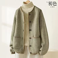 【初色】法式小香風撞色包邊口袋單排釦圓領長袖針織衫外套女外套-芥綠色-38971(F可選) F 芥綠色