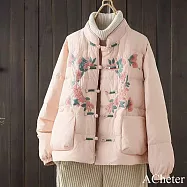 【ACheter】 羽絨棉重工富貴刺繡立領輕盈國風盤扣短版保暖外套# 124034 XL 粉紅色