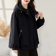 【MsMore】 加內羊羔絨加厚短款派克長袖寬鬆連帽休閒工裝短外套# 124058 L 黑色