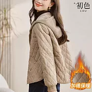 【初色】小香風輕薄短款純色菱格拉鍊口袋長袖棉服連帽外套女外套-共3色-39043(M-3XL可選) 2XL 米色