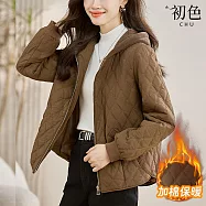 【初色】小香風輕薄短款純色菱格拉鍊口袋長袖棉服連帽外套女外套-共3色-39043(M-3XL可選) XL 咖色