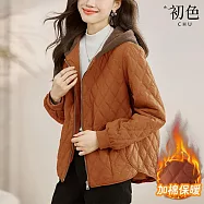 【初色】小香風輕薄短款純色菱格拉鍊口袋長袖棉服連帽外套女外套-共3色-39043(M-3XL可選) M 橘色