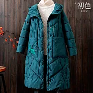【初色】韓系修身顯瘦中長款寬鬆連帽拉鍊長袖保暖科技羽絨棉外套女外套-共4色-39050(2XL/3XL可選) 2XL 綠色