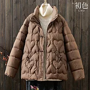 【初色】純色休閒簡約立領拉鍊盤扣裝飾長袖寬鬆保暖厚外套女外套-共5色-39054(M-2XL可選) XL 咖色