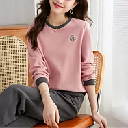 【MsMore】 減齡山茶花運動長袖圓領休閒時尚直筒闊腿長褲寬鬆兩件式套裝# 124074 2XL 粉紅色