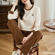 【MsMore】 減齡山茶花運動長袖圓領休閒時尚直筒闊腿長褲寬鬆兩件式套裝# 124074 2XL 杏色