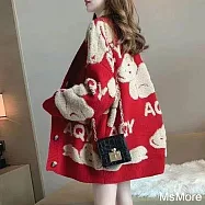 【MsMore】 小熊毛衣外套慵懶風韓版寬鬆網紅針加厚長袖中長版# 124090 FREE 紅色