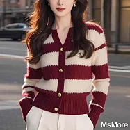 【MsMore】 酒紅色條紋針織長袖毛衣小香風外套軟糯保暖短版上衣# 124045 FREE 酒紅色