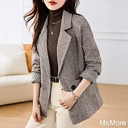 【MsMore】 西裝咖格紋毛呢長袖外套寬鬆顯瘦夾棉內裡加厚短大衣# 123814 L 咖色