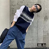 【Jilli~ko】圓領套頭菱形撞色針織馬甲背心 J11959 FREE 深藍