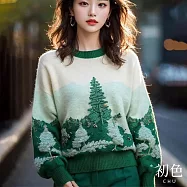 【初色】文藝慵懶風樹林寬鬆圓領長袖針織衫上衣女上衣-綠色-39220(F可選) F 綠色