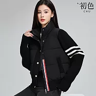 【初色】小香風短款純色拼接單排釦拉鍊立領長袖夾克棉服外套女外套-共3色-39187(M-2XL可選) 2XL 黑色