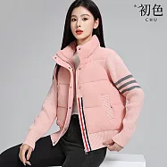 【初色】小香風短款純色拼接單排釦拉鍊立領長袖夾克棉服外套女外套-共3色-39187(M-2XL可選) M 粉色