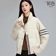 【初色】小香風短款純色拼接單排釦拉鍊立領長袖夾克棉服外套女外套-共3色-39187(M-2XL可選) XL 米白色