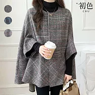 【初色】純色格紋千鳥格圓領長袖寬鬆中長款斗篷大衣毛呢外套-共7色-32428(M/L可選) M 紅格