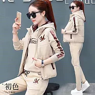 【初色】印花字母連帽長袖運動服女上衣+半高領無袖女背心+純色休閒褲長褲套裝-共5色-39449(M-4XL可選) 3XL 杏色