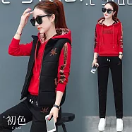 【初色】印花字母連帽長袖運動服女上衣+半高領無袖女背心+純色休閒褲長褲套裝-共5色-39449(M-4XL可選) L 紅色