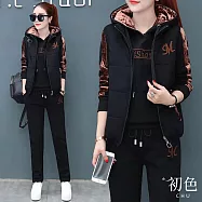 【初色】印花字母連帽長袖運動服女上衣+半高領無袖女背心+純色休閒褲長褲套裝-共5色-39449(M-4XL可選) 3XL 黑色